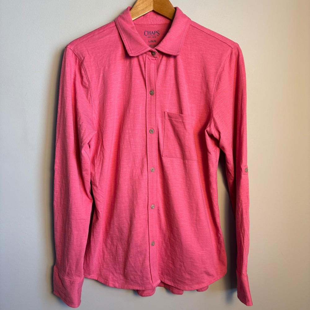 Chaps Womens Casual Button Up Knit Shirt Pink Size Large Preppy Roll Tab Sleeve